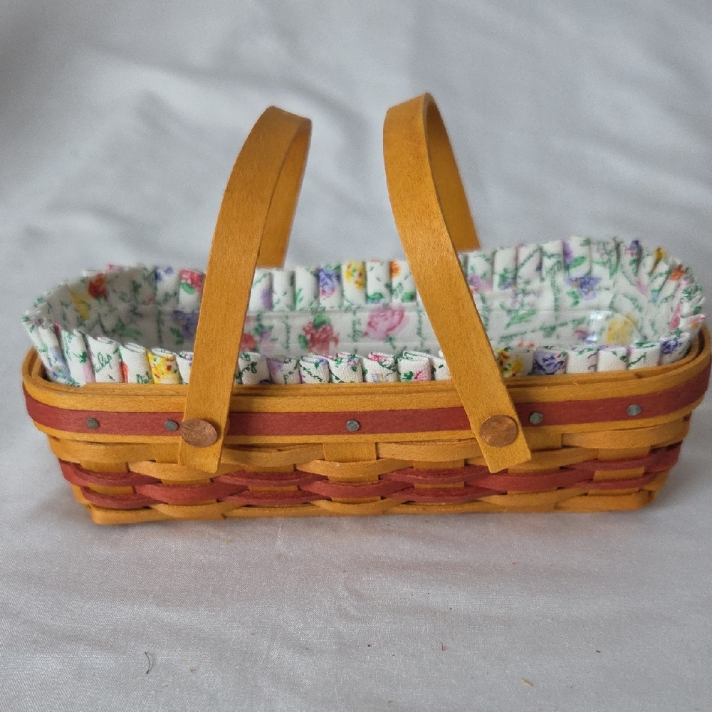 Longaberger Tan and Red Woven Basket with Handles Very Rare